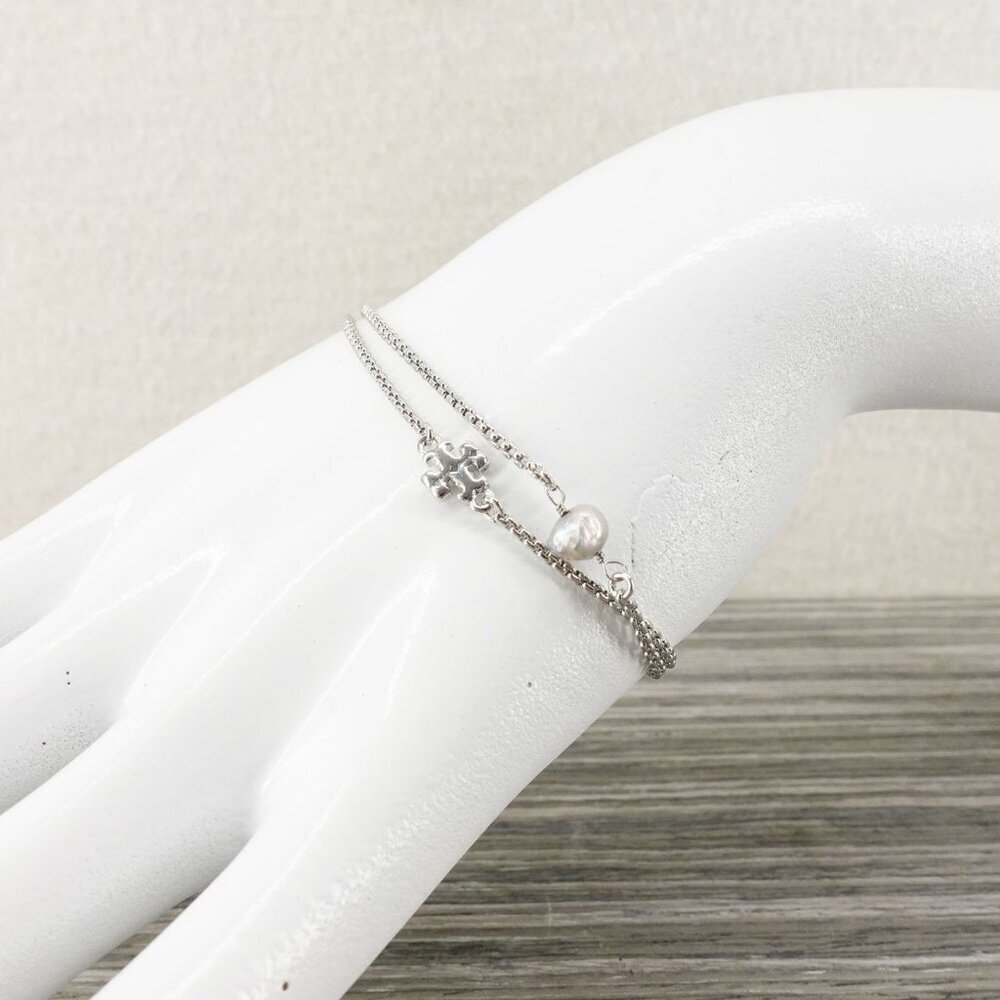 Tory Burch Logo Pearl Slider Adjustable Bracelet Silver OS - Picture 7 of 12